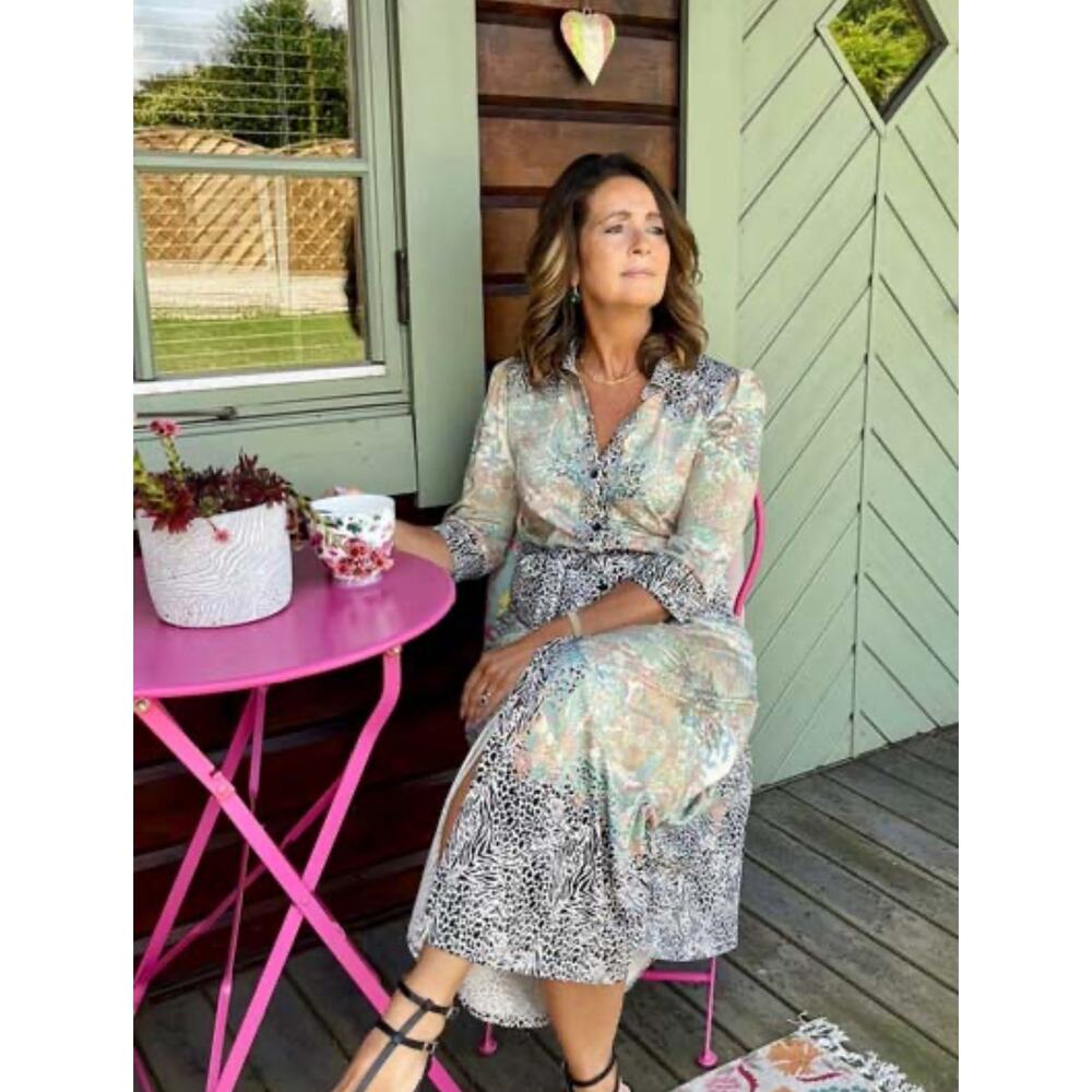 Pinko Chemisier Rosalina Floral Animal Print Long Sleeve Shirt Maxi Dress Size 4